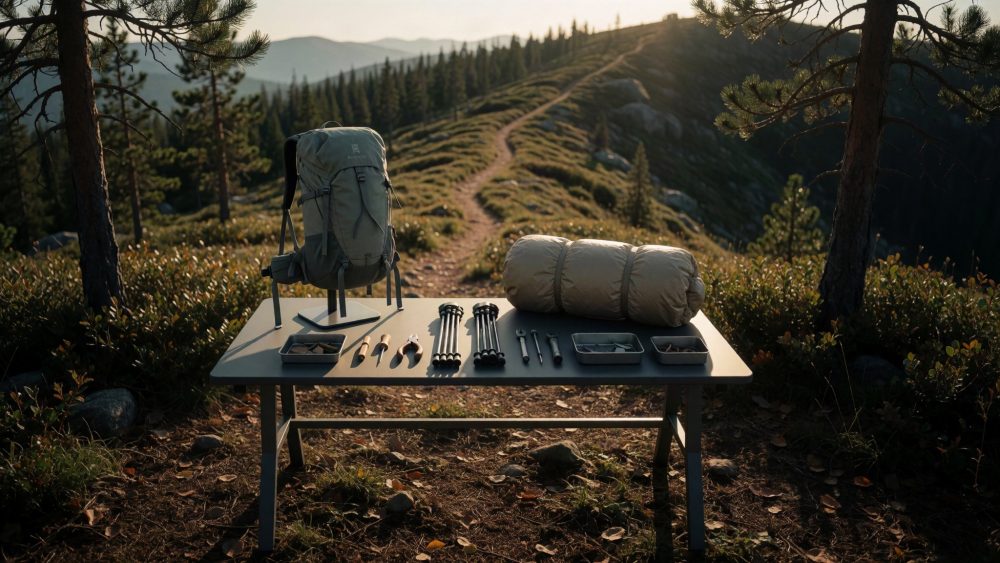 Equipamento de campismo numa mesa ao ar livre com mochila, saco-cama e utensílios, em montagem florestal montanhosa ao pôr do sol