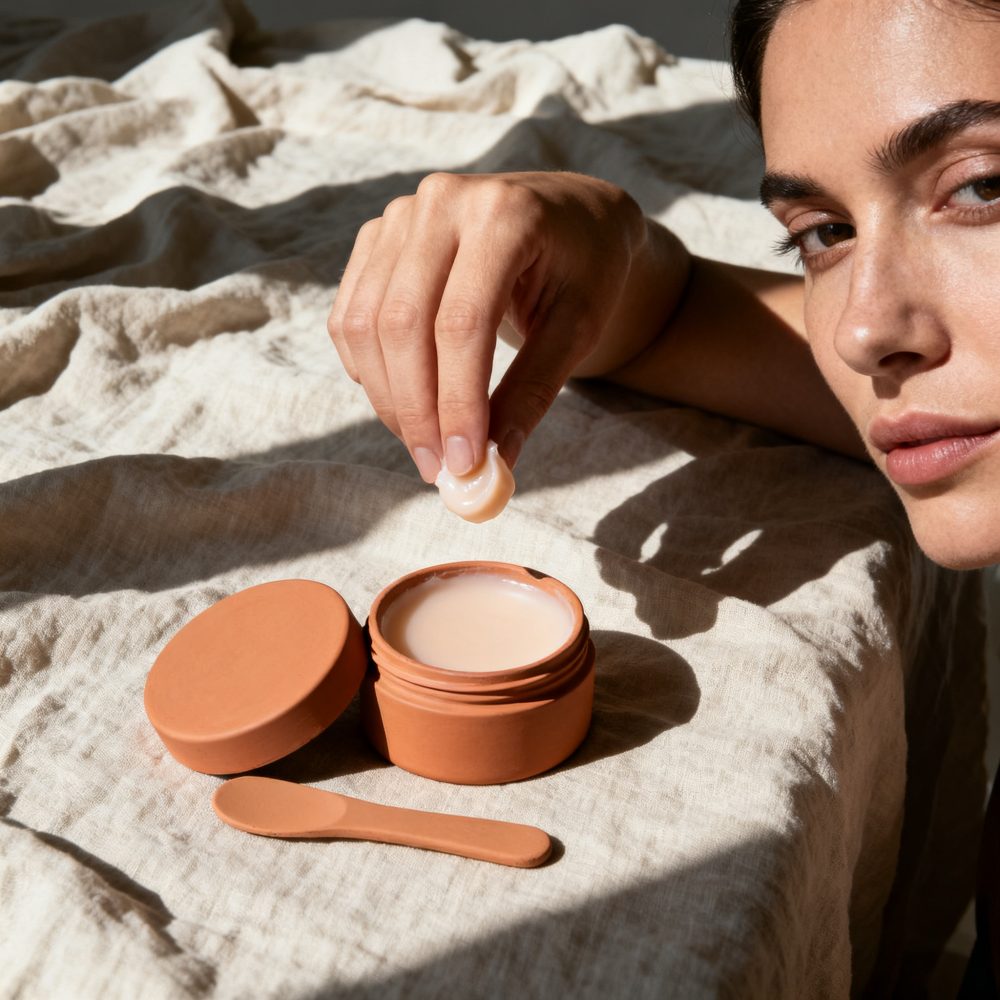 Mão feminina com creme de rosto retirado de frasco em terracota sobre tecido bege
