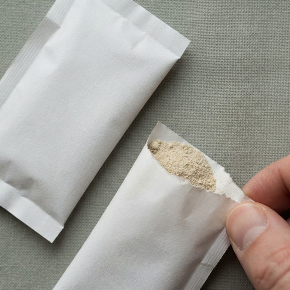 Mãos a abrir sachet branco com pó bege claro para suplementos sobre fundo cinza
