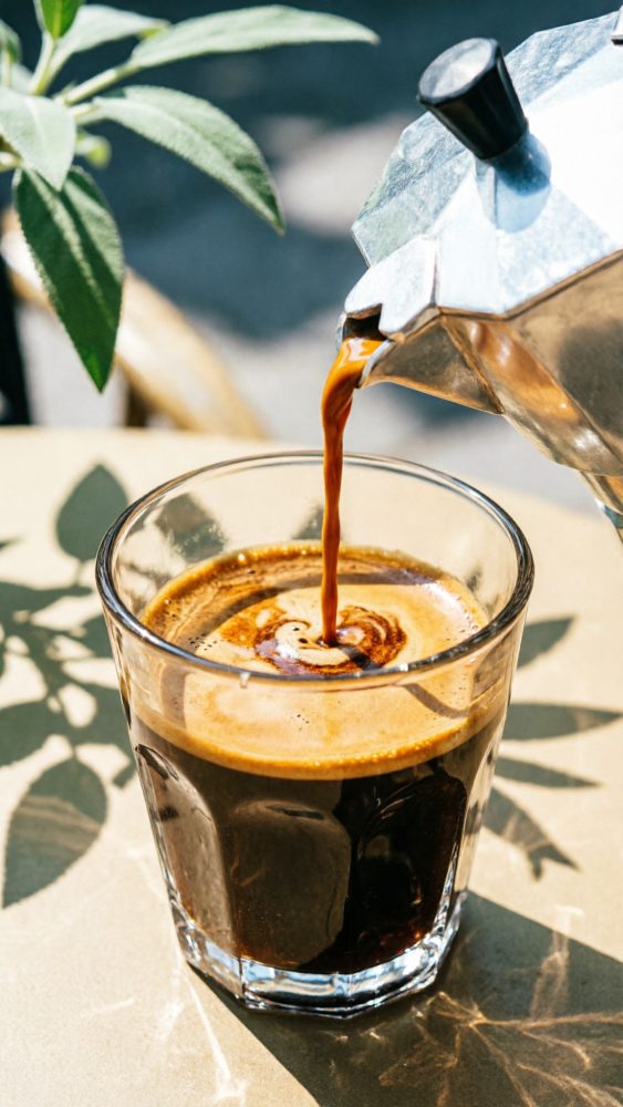 Café quente a ser servido de cafeteira italiana para copo transparente com sombra de planta ao fundo