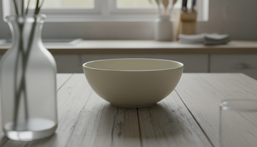 Tigela branca em mesa de madeira clara com utensílios de cozinha desfocados ao fundo