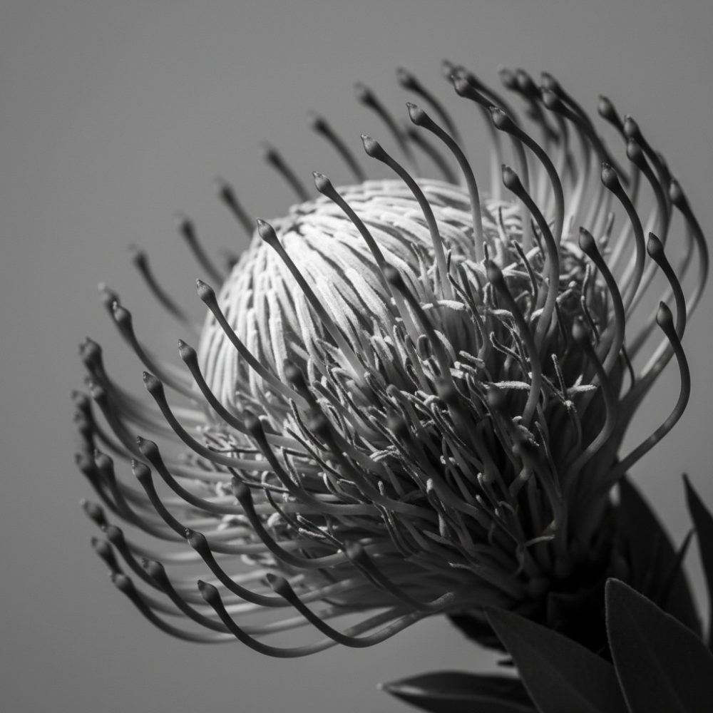 Close-up em preto e branco de uma flor Protea com estames curvos e textura detalhada