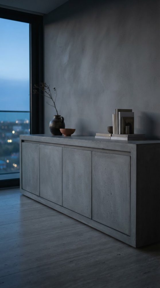 Aparador cinzento minimalista com artes decorativas junto a uma janela com vista urbana ao entardecer