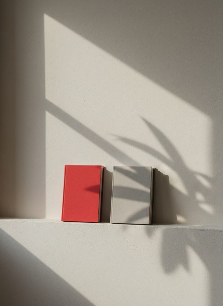 Dois livros com capas vermelha e cinza com sombras de plantas na parede branca