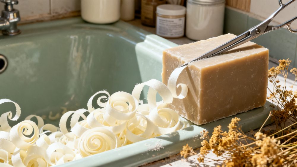 Bloco de sabão cortado em aparas enroladas numa pia verde com flores secas ao lado