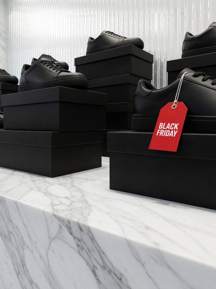 Sapatos pretos sobre caixas negras com etiqueta vermelha Black Friday em bancada de mármore branco