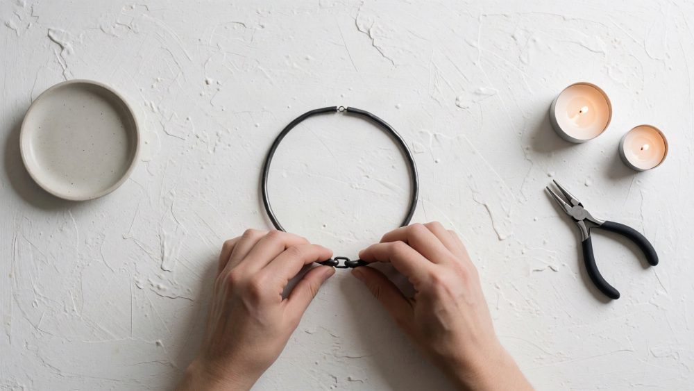 Mãos montam colar preto minimalista junto a alicate e velas acesas sobre mesa branca texturada