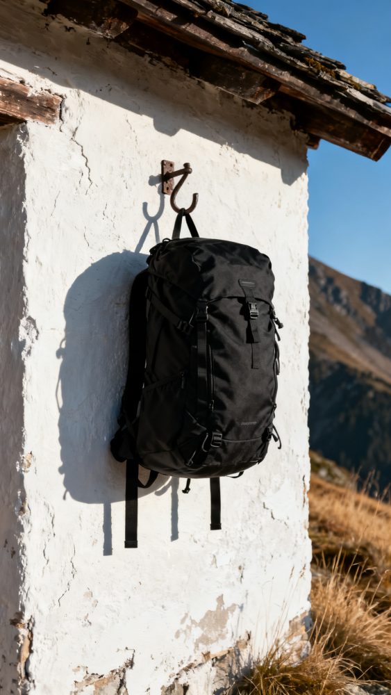 Mochila preta pendurada numa parede branca rústica em ambiente montanhoso com céu azul