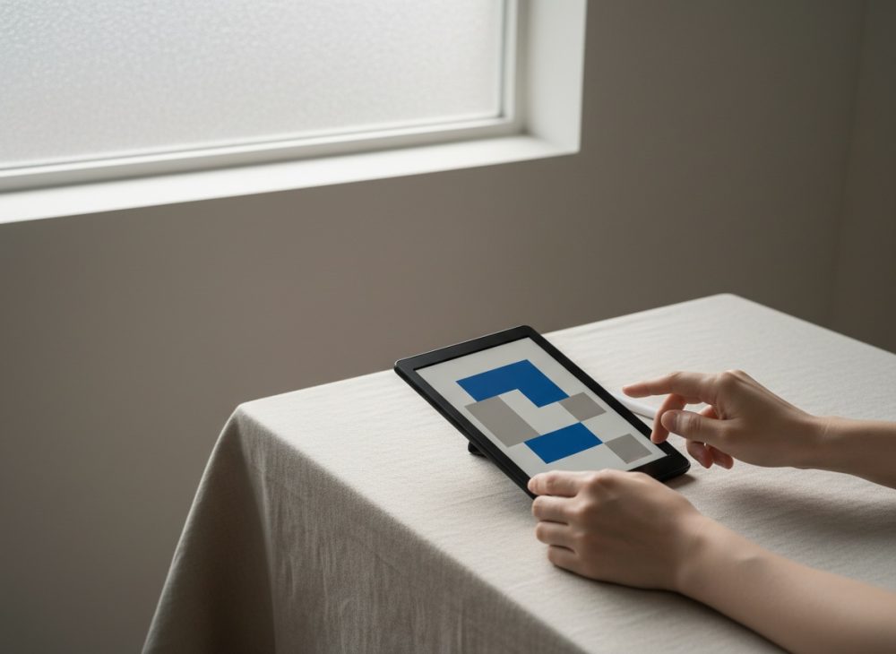 Mãos a usar tablet sobre mesa com toalha clara junto a janela fosca