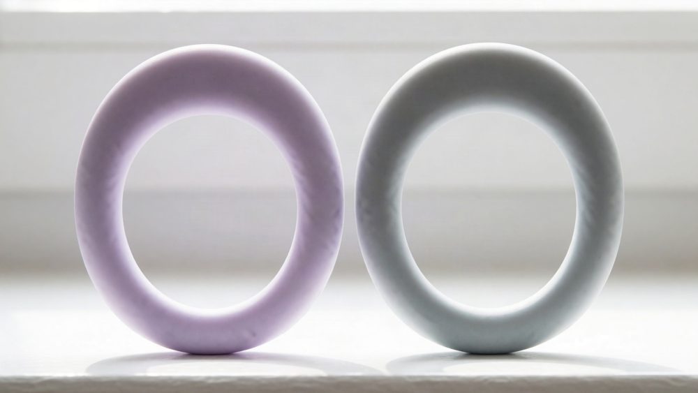 Dois anéis de dentição para bebé, um lavanda e um branco, sobre superfície clara.