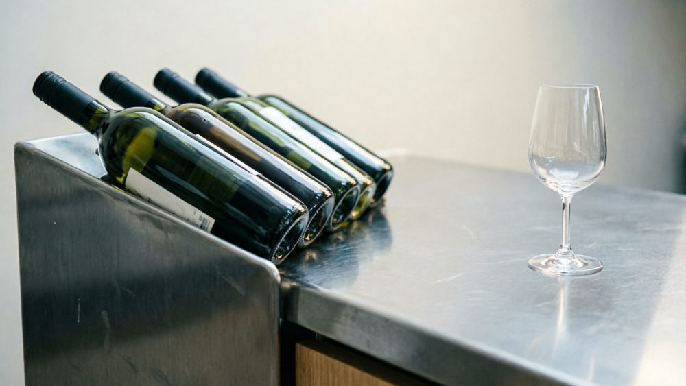 Cinco garrafas de vinho num suporte metálico junto a copo de vinho vazio sobre bancada inox