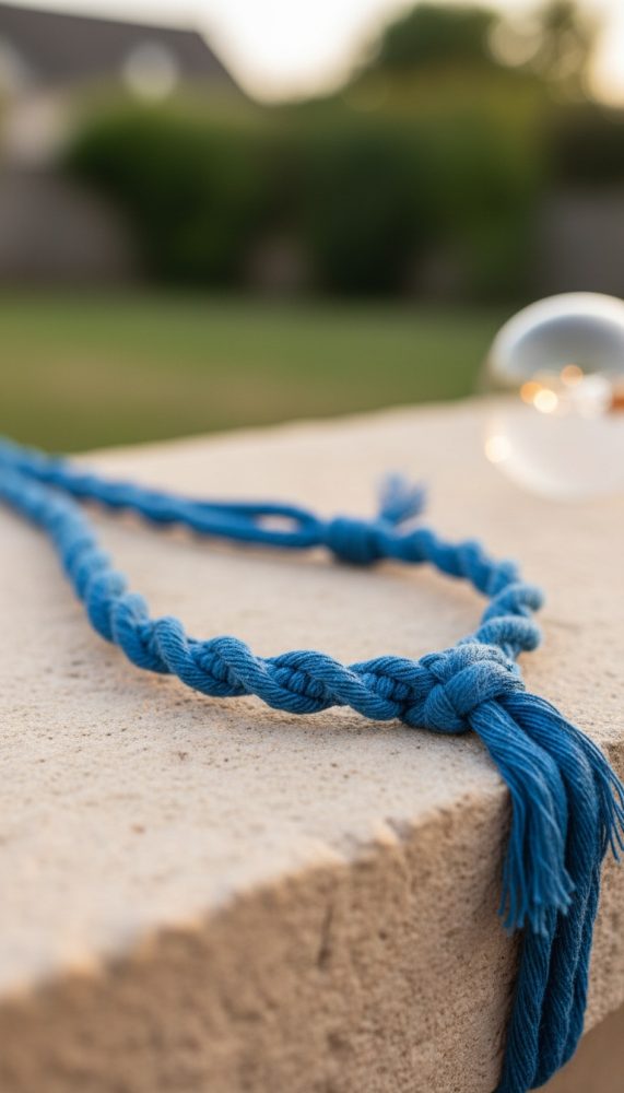 Colar artesanal azul feito com corda entrelaçada e nó decorativo sobre superfície de pedra clara
