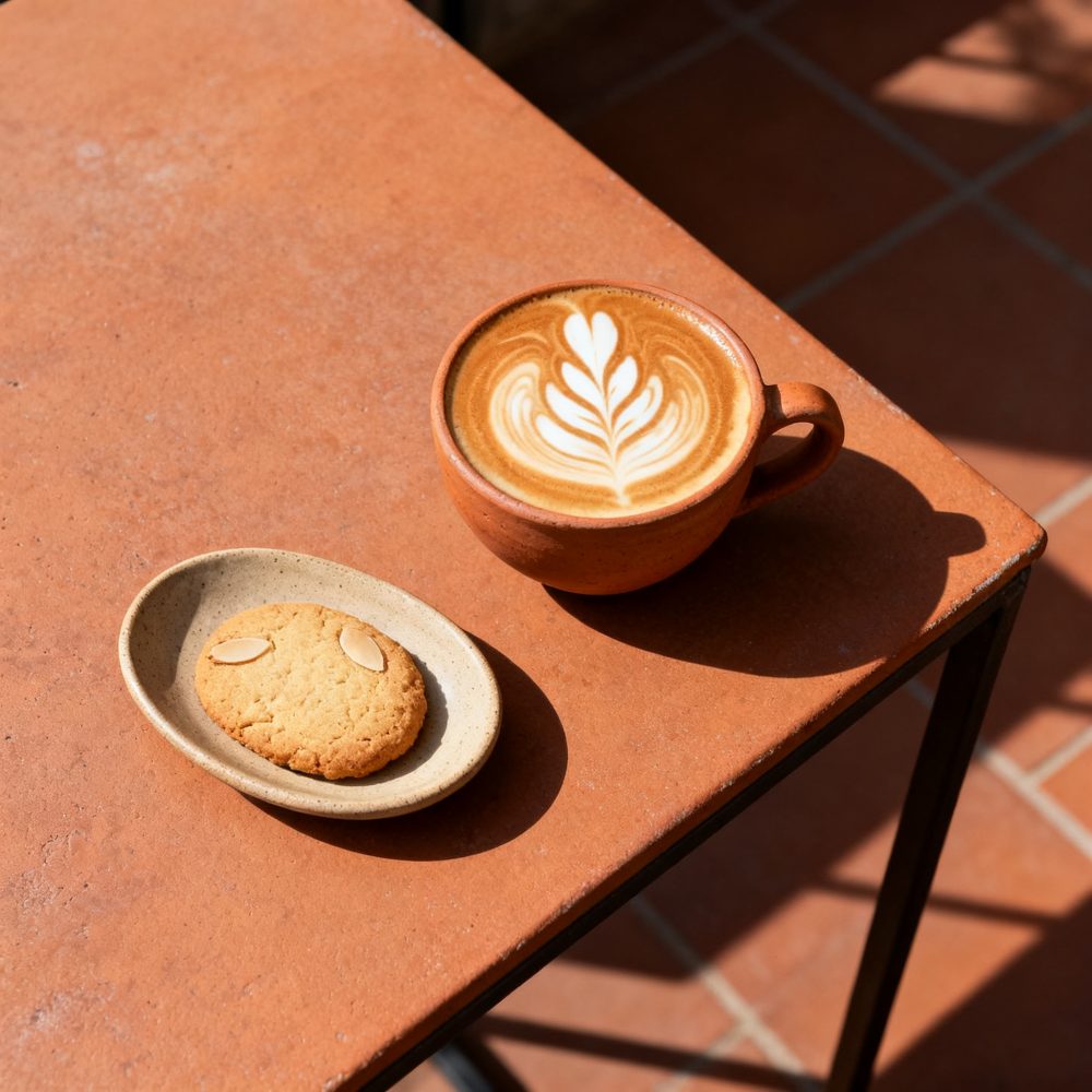 Xícara de cappuccino com arte latte e bolacha num prato sobre mesa de terracota