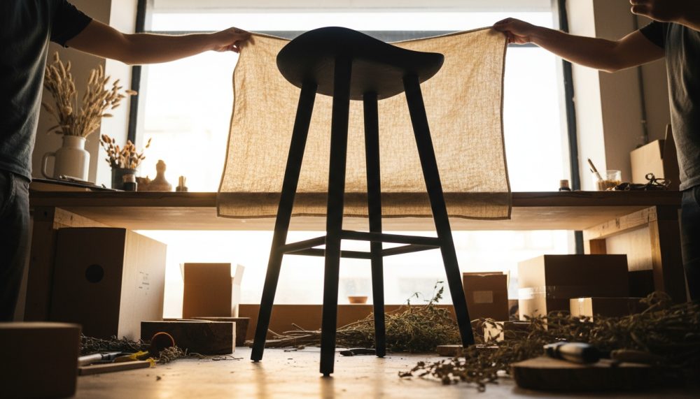 Banco alto de madeira negra com tecido cru entre duas mãos e decoração rústica ao fundo