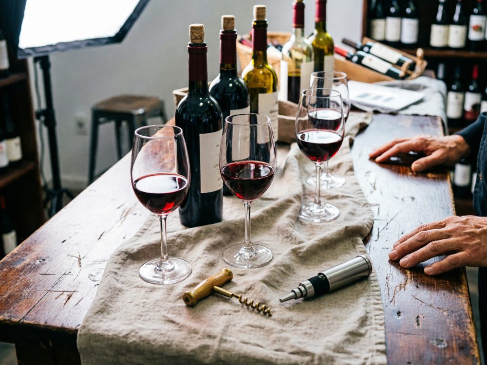 Mesa rústica com garrafas de vinho tinto, copos com vinho e acessórios de saca-rolhas
