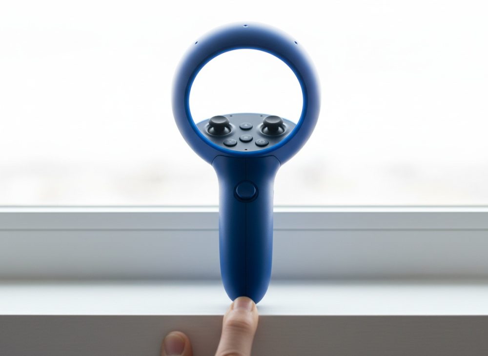 Comando de realidade virtual azul com botões e joysticks em fundo branco desfocado