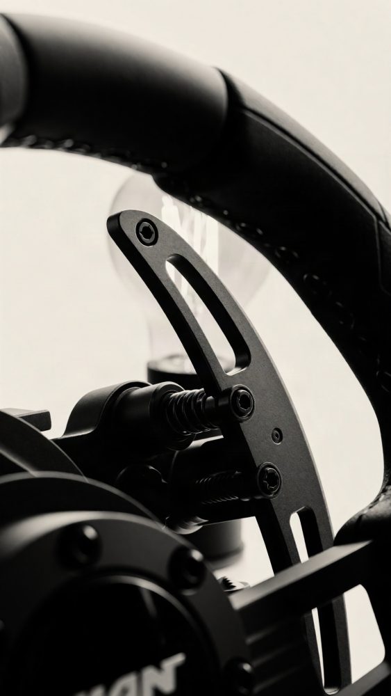 Close-up de volante de simulação profissional com estrutura metálica e couro preto