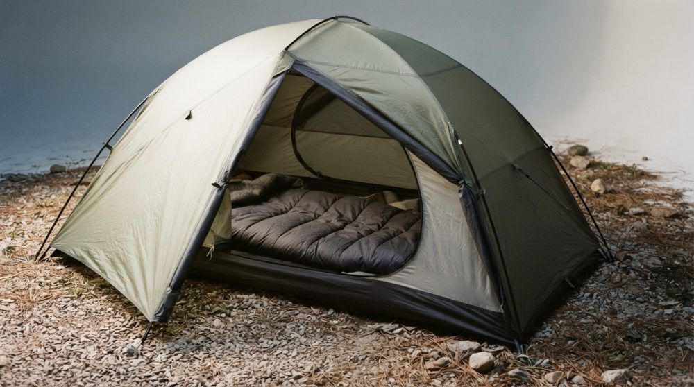 Barraca verde de campismo montada com saco-cama cinza no interior sobre solo de pedras.