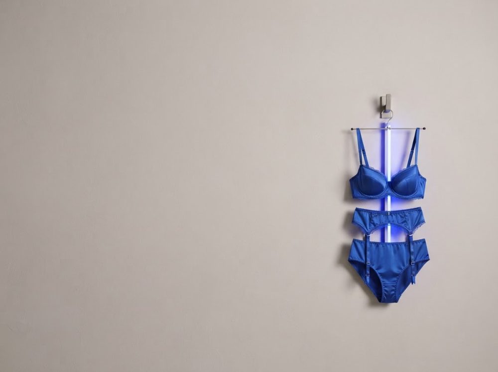 Conjunto de lingerie azul com soutien, cinto de ligas e cuecas suspenso numa parede clara