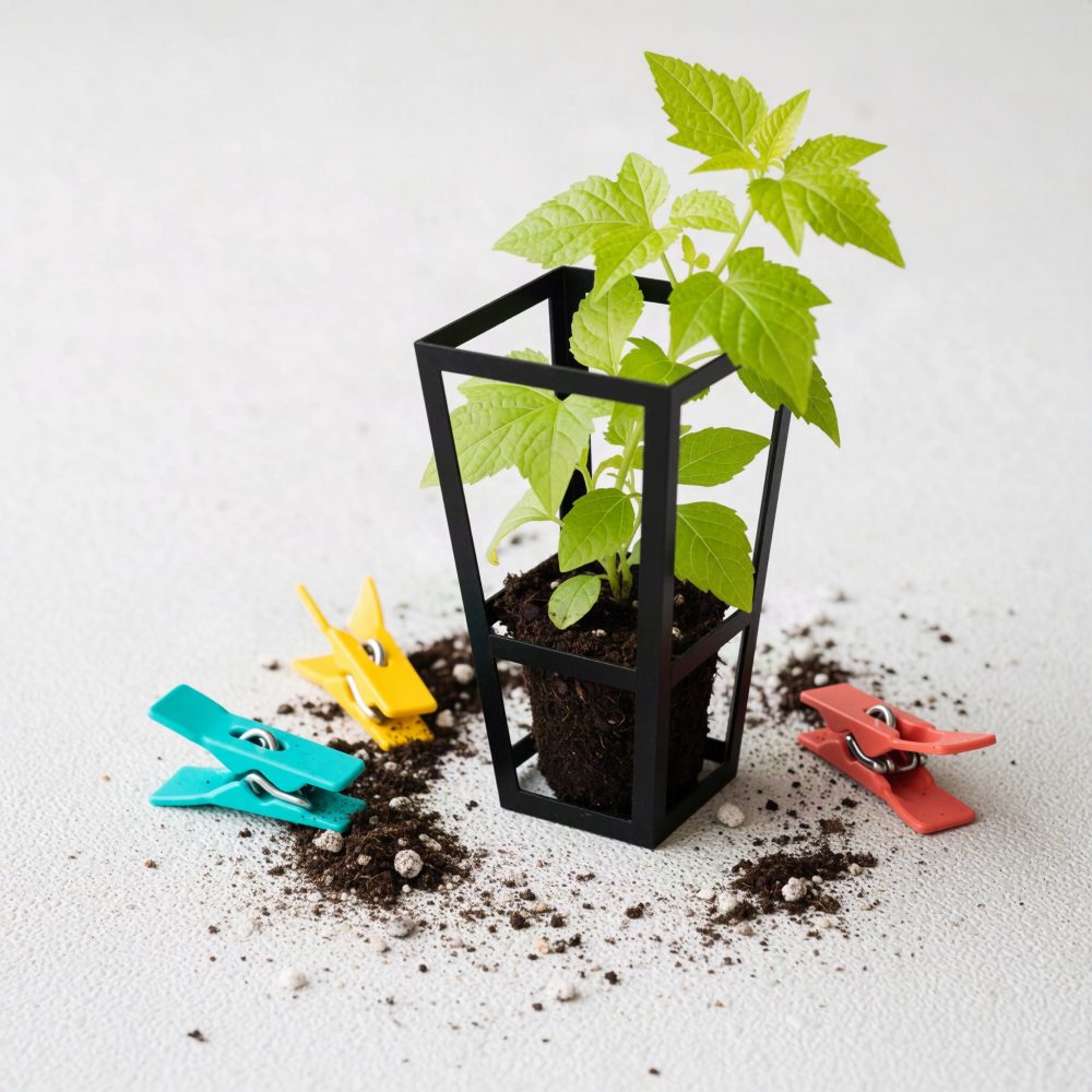 Planta jovem em suporte preto com terra e molas coloridas amarelo, azul e vermelho