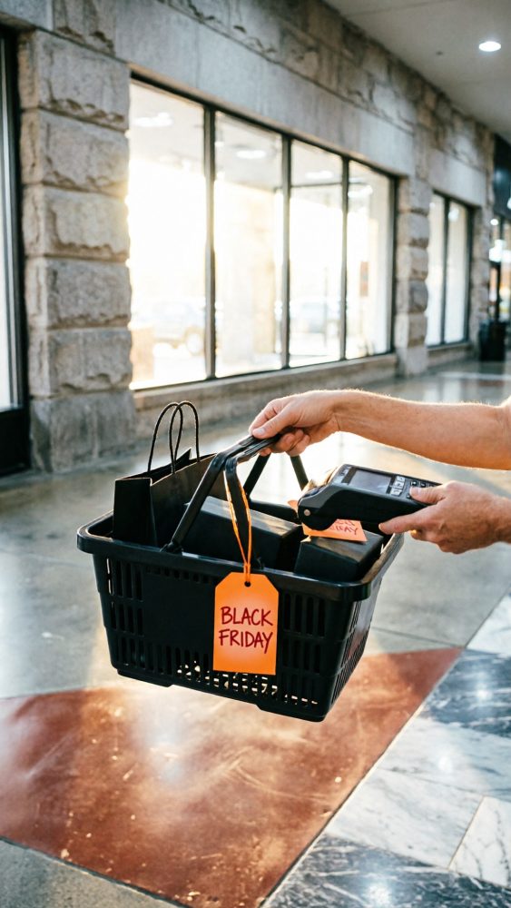 Mãos segurando cesto de compras preto com etiqueta Black Friday e leitor de cartão num centro comercial