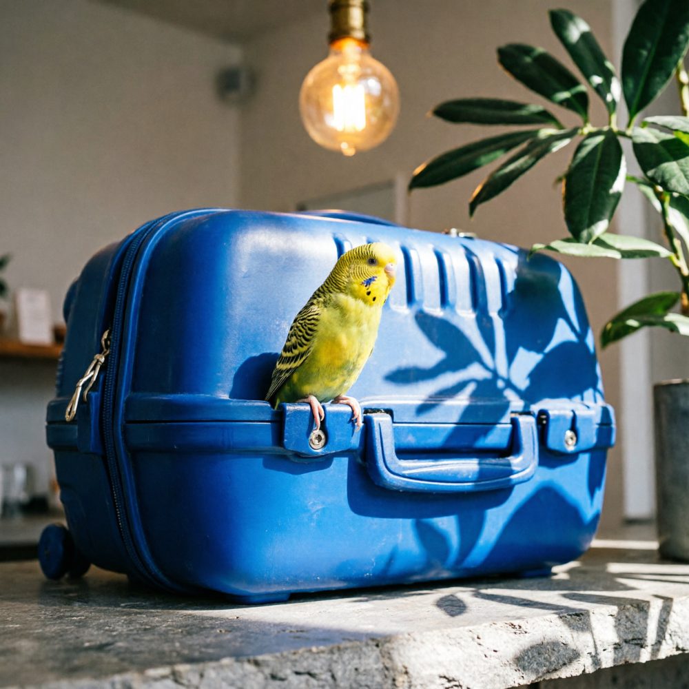 Tentilhão amarelo pousado numa mala de viagem azul em ambiente iluminado e com plantas ao redor