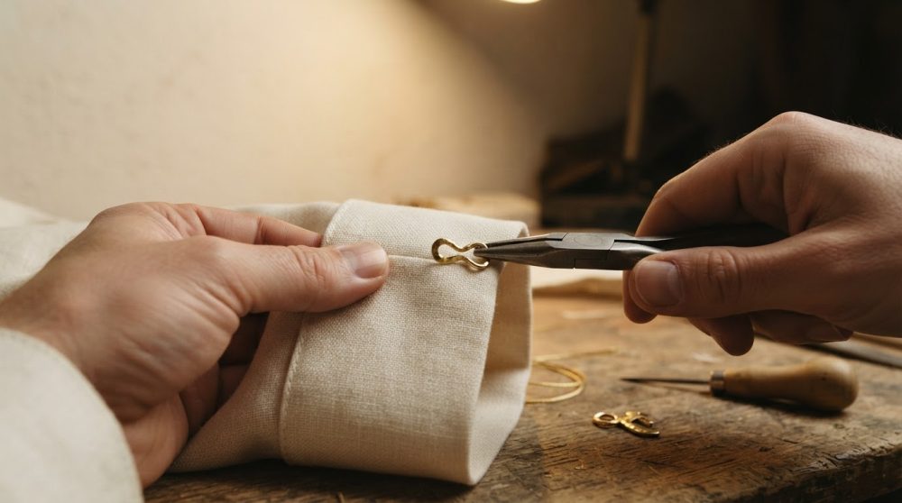 Mãos aplicando gancho dourado numa manga de tecido claro sobre mesa de madeira