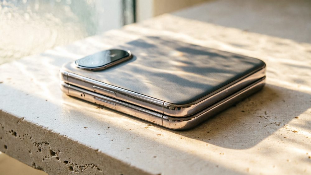 Smartphone dobrável fechado repousando em superfície de pedra sob luz natural