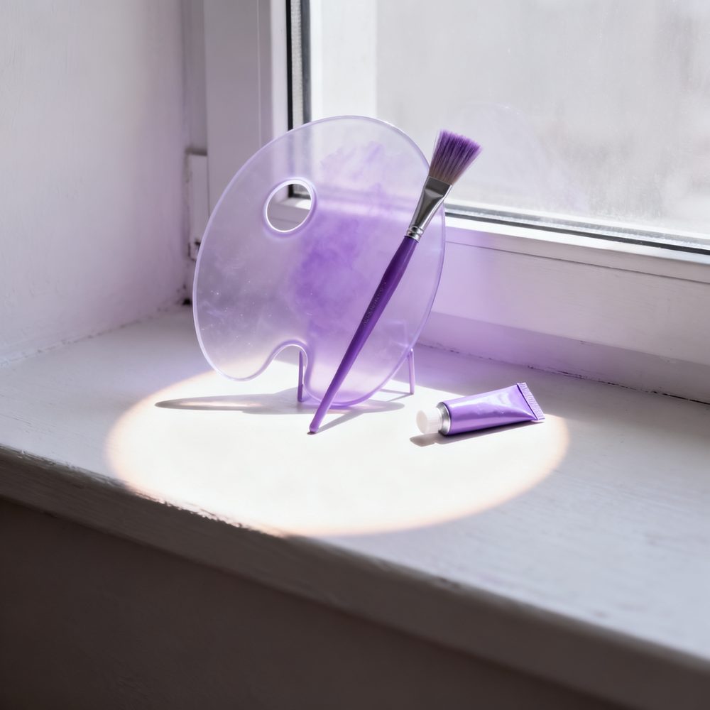 Paleta de pintura lilás, pincel roxo e tubo de tinta lilás num peitoril branco iluminado.
