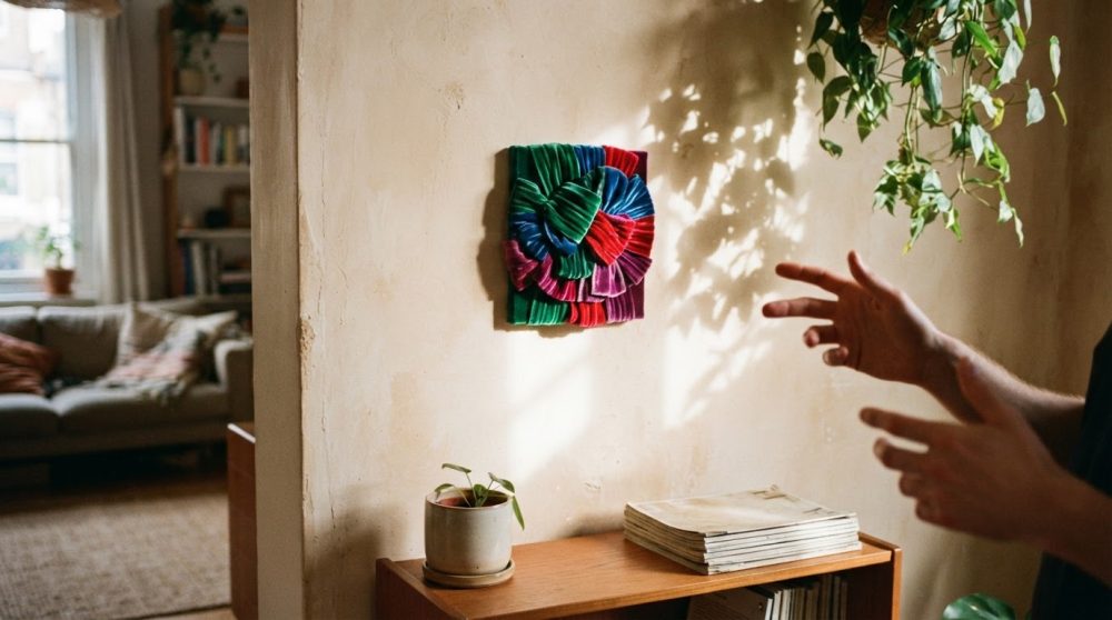 Parede bege com arte colorida em tecido, mesa com planta e livros, luz natural suave e planta pendente