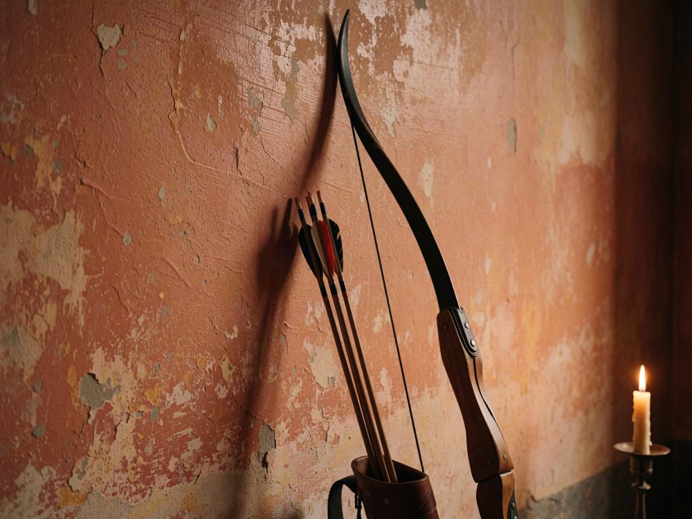 Arco recurvo apoiado numa parede rústica com três flechas num suporte de couro e vela acesa