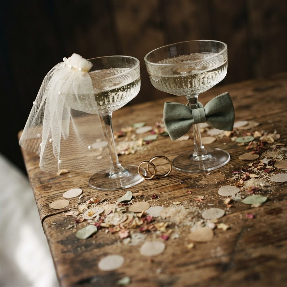 Duas taças de champanhe decoradas com véu e gravata borboleta, sobre mesa com alianças e confetis