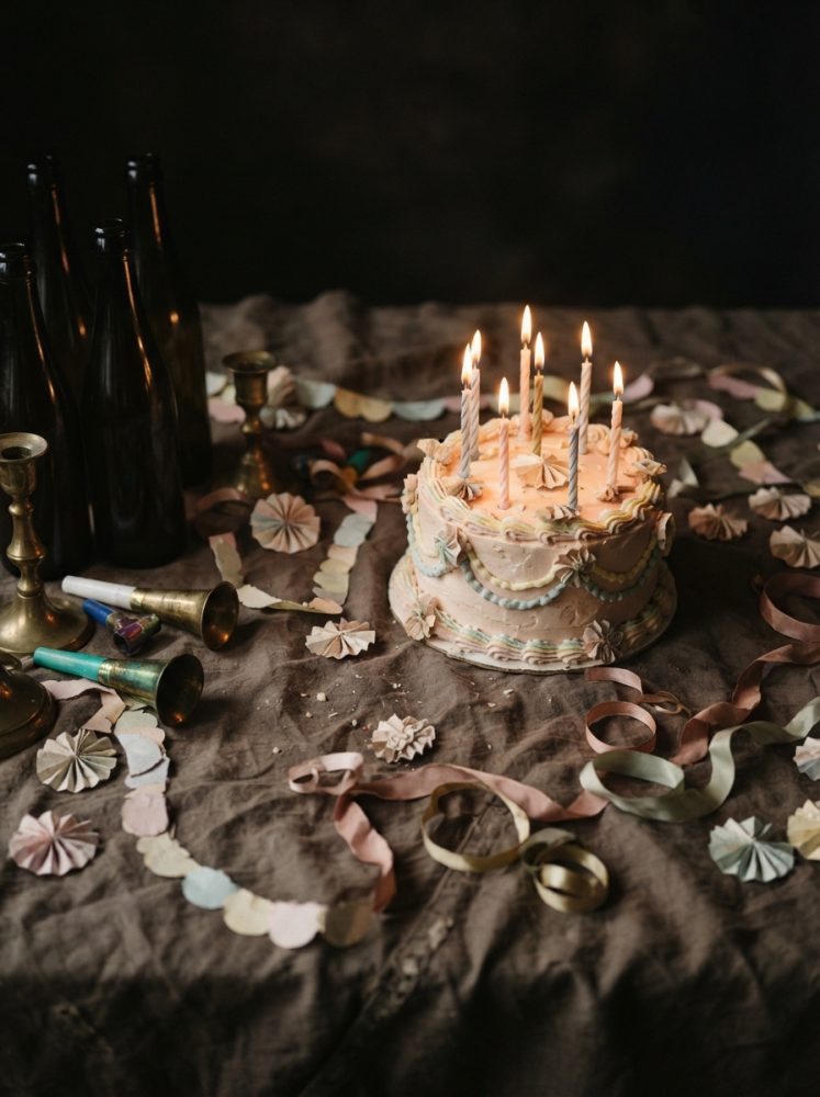 Bolo de aniversário com velas acesas e decoração festiva em tons pastel sobre mesa escura