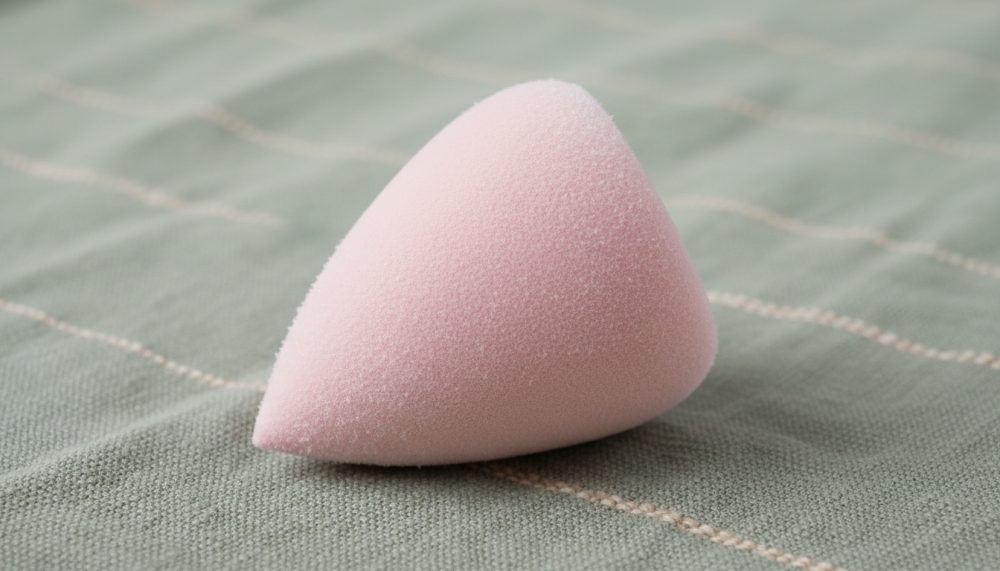Esponja de maquilhagem rosa sobre tecido verde com linhas finas