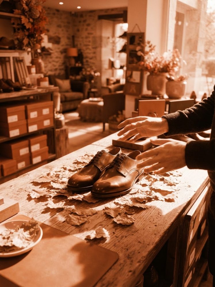 Sapatos de couro castanho sobre mesa de madeira rodeados de folhas secas num ambiente de loja vintage
