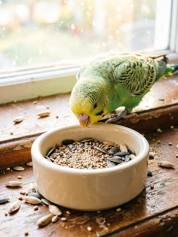 Calopsita verde amarela comendo sementes numa tigela branca sobre peitoril de madeira junto a janela