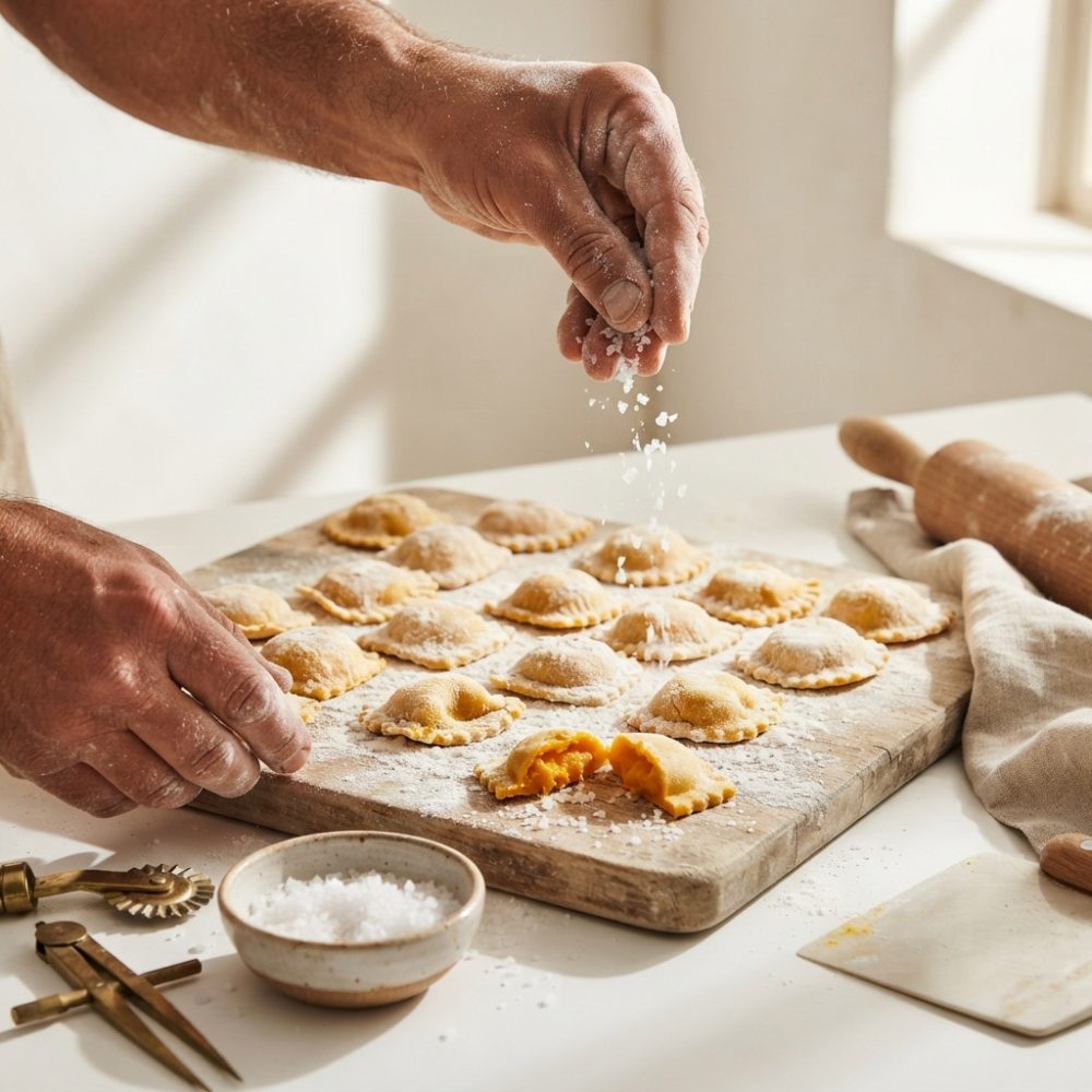 Mãos polvilhando sal grosso sobre raviolis frescos numa tábua de madeira com utensílios ao lado