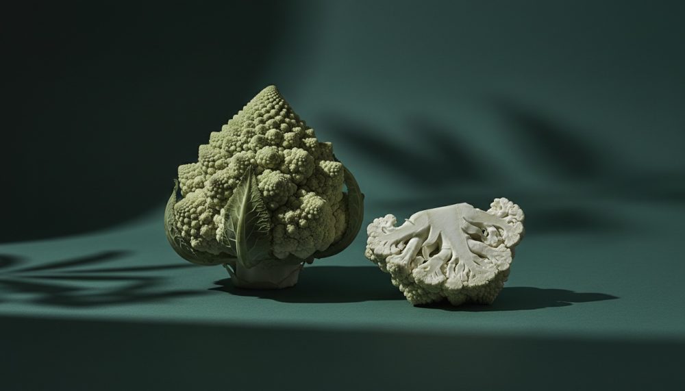 Brócolos romanesco inteiro e meio cortado sobre fundo verde escuro com sombras suaves