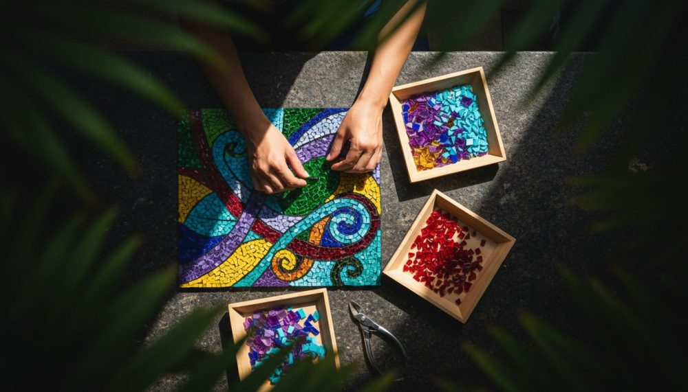 Mãos a montar mosaico colorido com peças de vidro e caixas com fragmentos sobre superfície escura