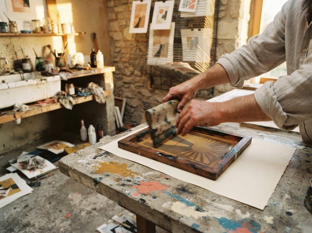 Mãos a trabalhar numa serigrafia numa oficina de arte com materiais e paredes de pedra à volta