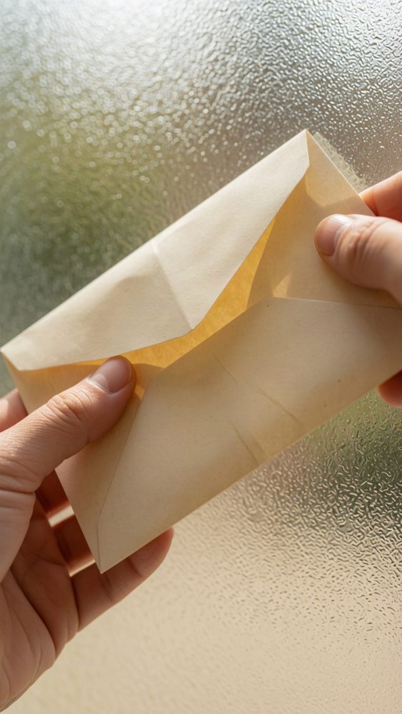 Mãos segurando envelope de papel amarelo aberto junto a janela fosca