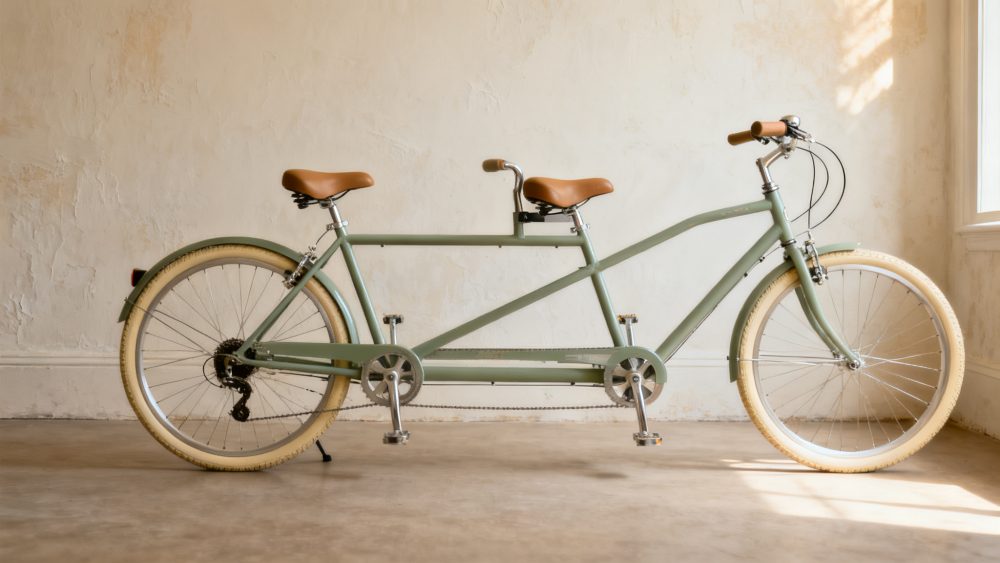 Bicicleta tandem verde com dois selins castanhos e pneus claros num ambiente interior iluminado