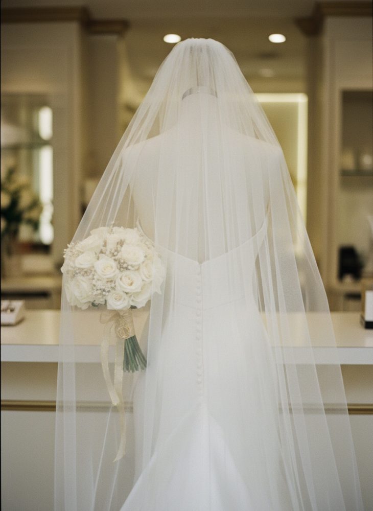 Vestido de noiva branco com véu longo segurando bouquet de rosas brancas
