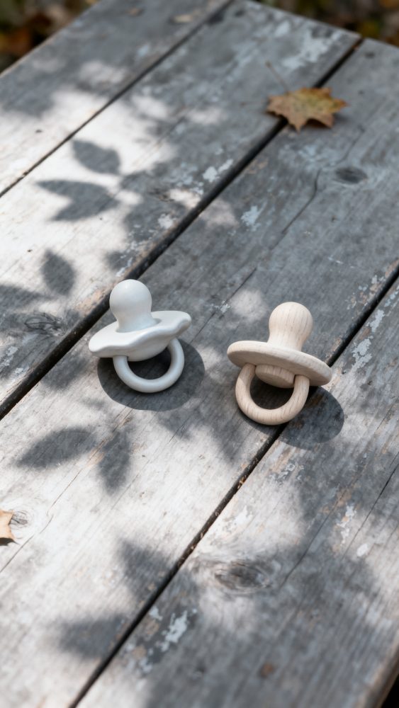 Dois chuchas para bebé, um cinzento claro de silicone e outro de madeira, sobre mesa de madeira rústica com sombras