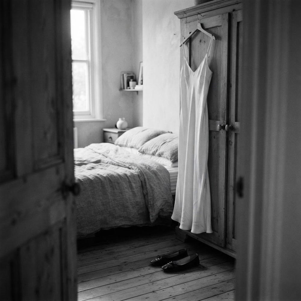 Vestido branco longo pendurado em armário de madeira num quarto com cama e piso de madeira