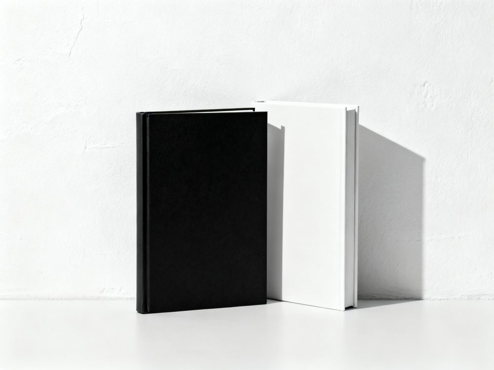 Dois livros com capas dura preta e branca, em fundo branco texturado