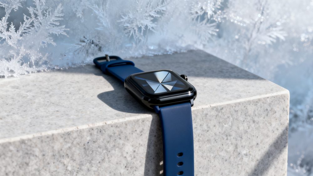 Smartwatch com bracelete azul sobre pedestal de pedra com fundo de folhagem gelada