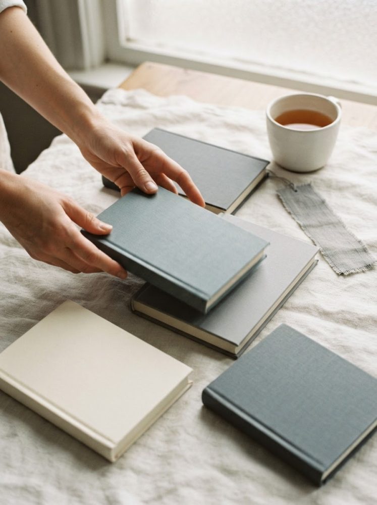 Mãos a segurar livro de capa dura azul com outros livros e chávena de chá sobre mesa