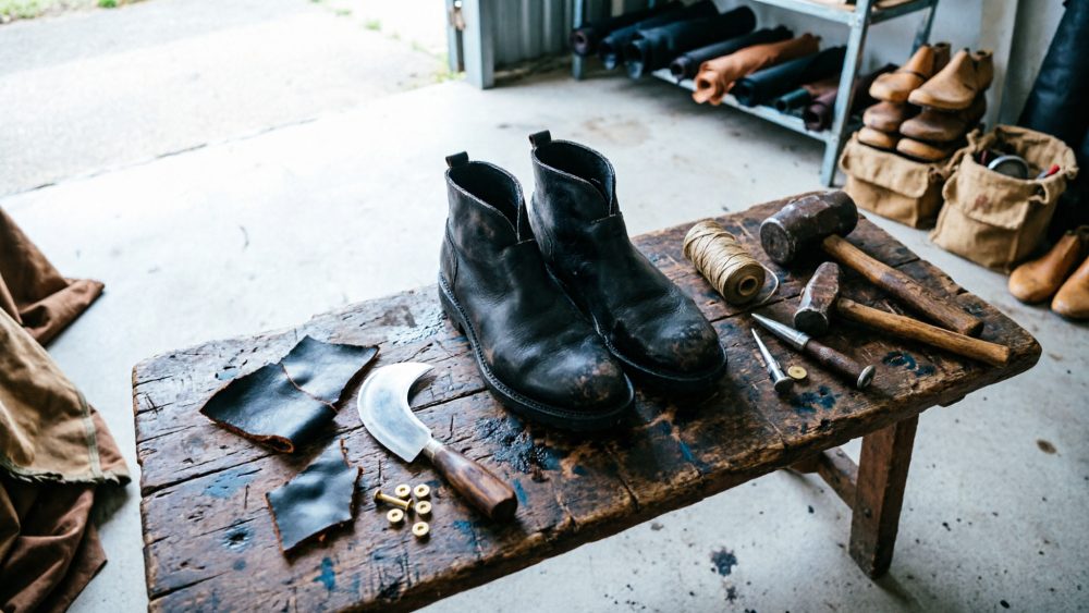 Botas pretas em pele com ferramentas de sapataria sobre mesa rústica em oficina