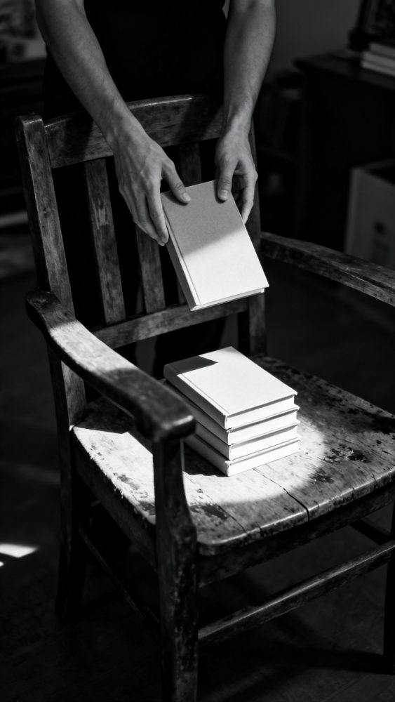 Mãos segurando livro sobre cadeira antiga com cinco livros empilhados à luz natural